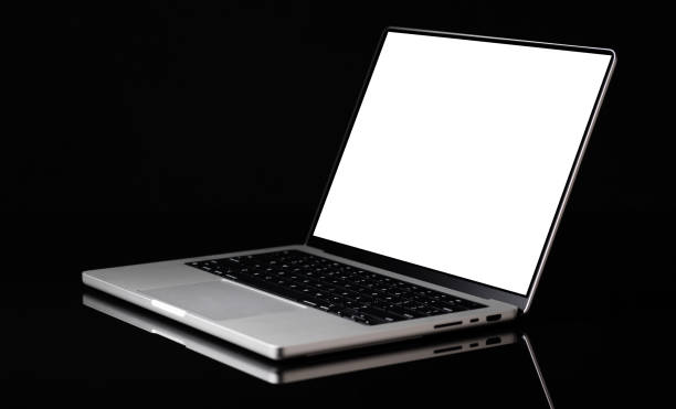 istock Laptop with a blank screen isolated on a black background 2185520382