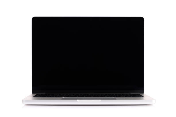Laptop with a blank black screen isolated on a white background, providing a clean, minimalist template for designs or presentations
