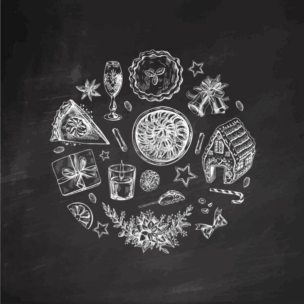 istock Hand-drawn christmas desserts and festive elements illustration on chalkboard background 2185528065