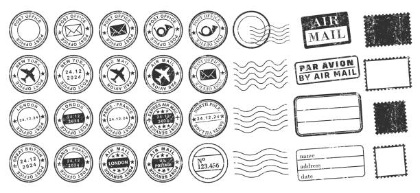 istock Postal Stamps frames icon shape set. Post Stamp grunge ink rubber labels sign collection.  Black round and square stamp border pack. Vector illustration image. Isolated on white background. 2185533992