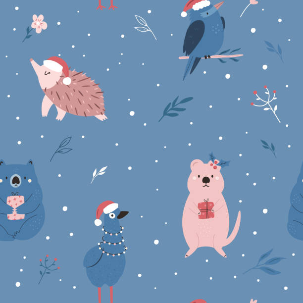 Christmas seamless pattern with adorable Australian animals emu, echidna, wombat, kookaburra, quokka Christmas seamless pattern with adorable Australian animals emu, echidna, wombat, kookaburra, quokka. Holiday surface design for gift box, prints, fabric, wrapping paper wombat stock illustrations