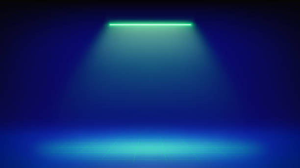 istock Futuristic blue stage background. Room illuminated by green neon, led spotlight, grid floor. Minimalistic backdrop design for displaying products, presentation, advertising. Showcase. Vector 2185535522