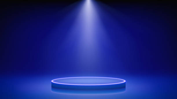 istock Spotlight illuminates futuristic stage with podium. Blue room, round neon led podium pedestal, spotlight. Background for displaying products, presentation. Showcase. Backdrop. Vector illustration 2185535738