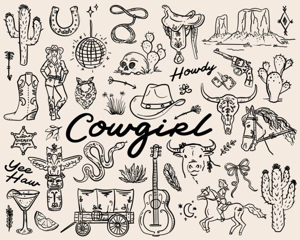 Hand drawn whimsical style Cowgirl vector illustration set art