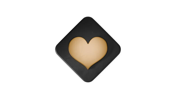 Like button in a minimalistic design. A golden heart inscribed in a black square. Objects are textured and physical, high quality 3d render, top view. Design element for presentations, social networks, mobile applications.