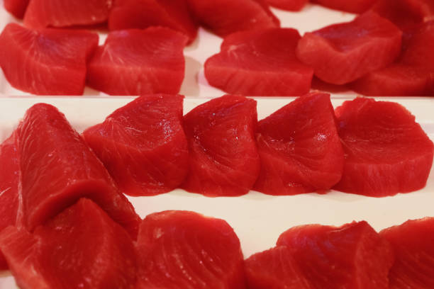 Fresh, glistening red tuna fillets are neatly arranged on pristine white trays, ready for preparation in a culinary setting