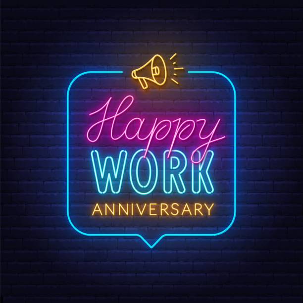 illustrazioni stock, clip art, cartoni animati e icone di tendenza di buon lavoro anniversario segno al neon nel fumetto sullo sfondo del muro di mattoni - lavoro