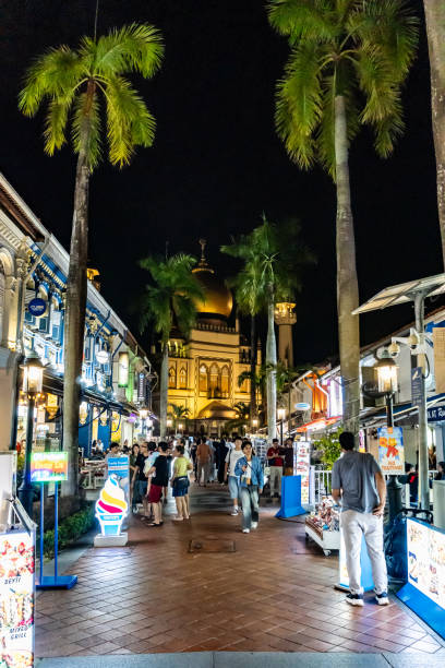 The view of Sultan Mosque and various restaurants on the Muscat Street. Famous national monument in Singapore. Taken on October 8th 2022