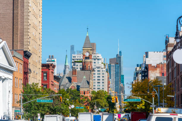 Greenwich Village under a blue sky. New York CIty, USA