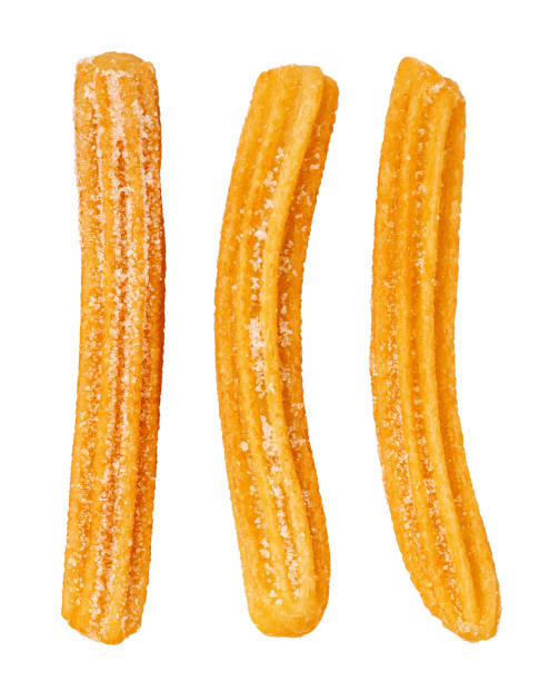 Churros isolated on white.  Fried churros with sugar cristals top view. Traditional Spanish dessert. Flat lay. Collection