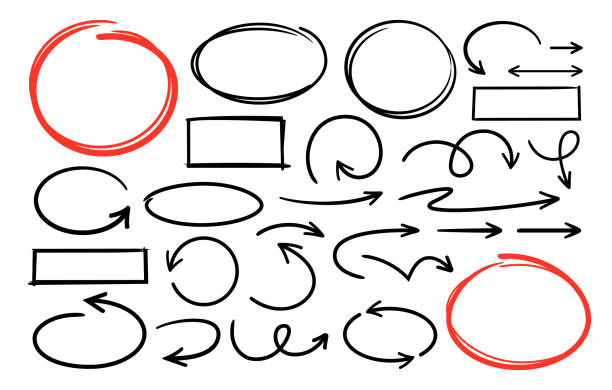 Vector illustration of set hand drawn curved arrows and frames.
