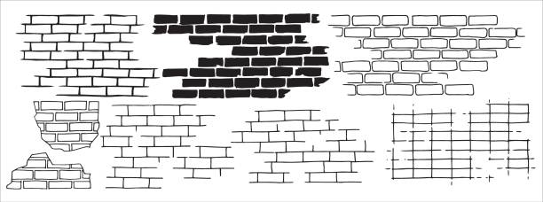ilustraciones, imágenes clip art, dibujos animados e iconos de stock de set of brick and stone wall textures, linear drawing in doodle style. - albañilería