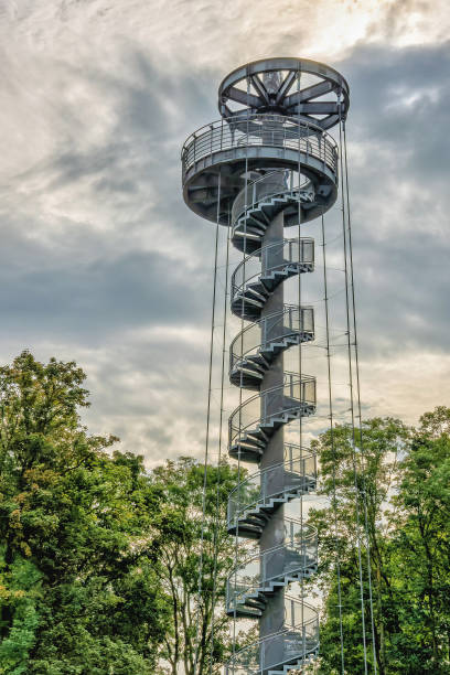 istock Round metal observation tower with sky background 2185552107