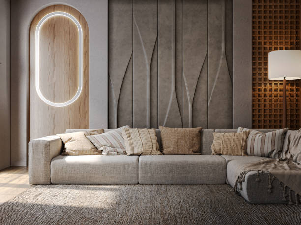 Modern luxury living room interior with wall decorating panels and sofa.