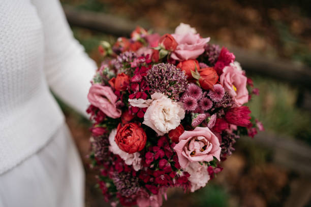 istock Pink and Red Wedding Bouquet with Mixed Flowers in Romantic Style 2185567397