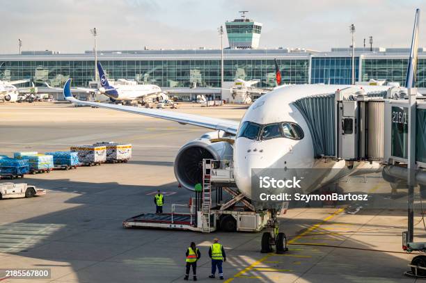 Preparing The Aircraft For Flight At Munich International Airport Muc Stock Photo - Download Image Now
