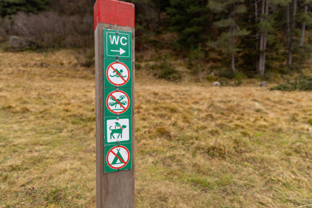 A wooden trail sign displaying symbols for prohibited activities and a directional arrow to a restroom, set against a grassy landscape with trees in the background.