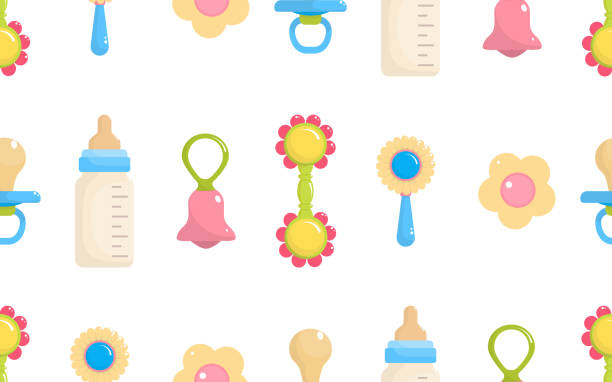 istock Rattle baby toy and milk bottle  isolated on a white background. Seamless pattern. 2185575445