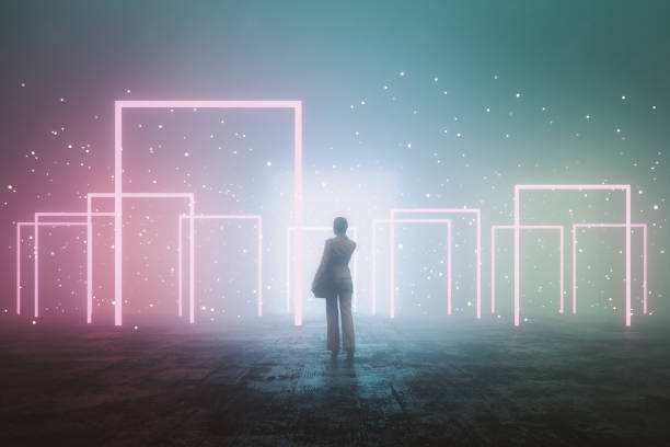 istock Woman walking towards glowing portals 2185580110