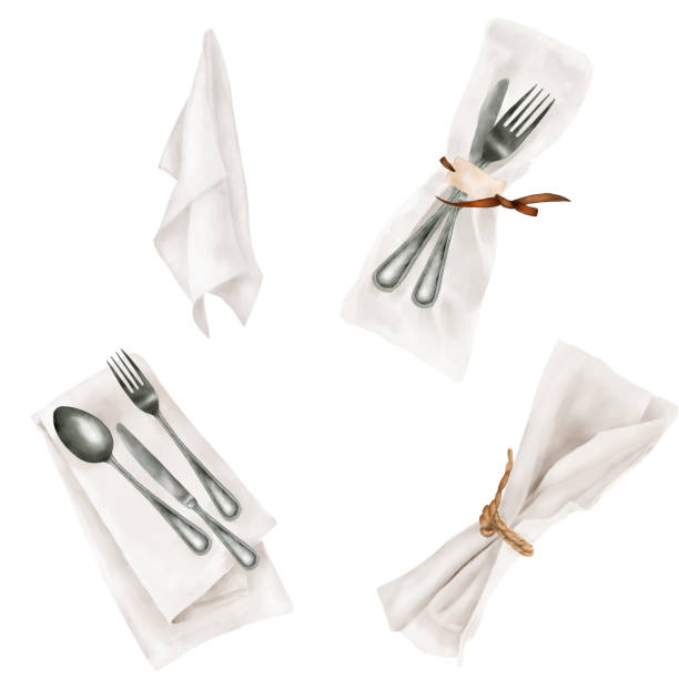 istock Fork and knife wrapped in linen napkin, serving set. Watercolor digital illustration. Set of folded linen napkins and hanging cotton towel, isolated on white background. 2185585766