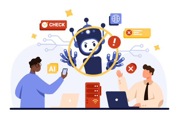 AI ethics problem, danger and harmful effect of artificial intelligence algorithms using AI ethics problem, danger and harmful effect of artificial intelligence algorithms using. Evil robot in forbidden circle to prohibit fraud and bias of smart chat bot cartoon vector illustration cartoon of a evil man stock illustrations