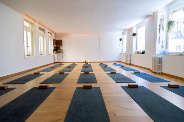 istock Yoga studio prepared for group lesson with mats and blocks on hardwood floor 2185589311