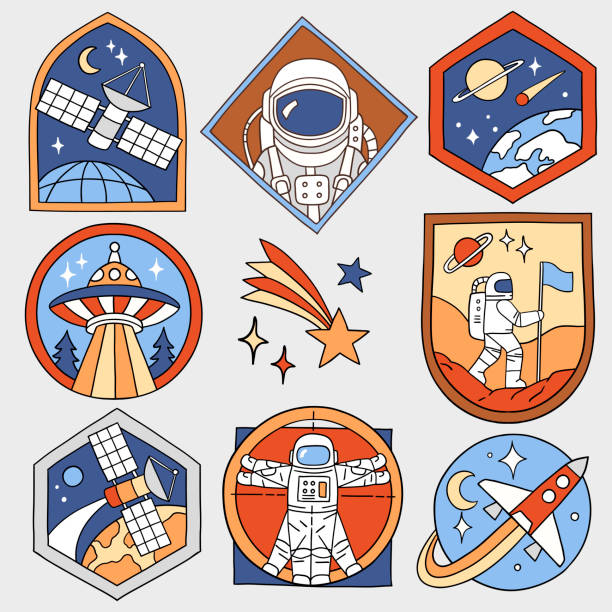 Set of vector space patches. Hand drawn vintage spacecraft badges. Perfect for tee shirt logo, greeting card, poster or nursery print design. EPS 10 vector file.