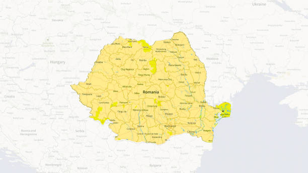 istock Highlighted Romania Map with Yellow Country Emphasis 2185592177