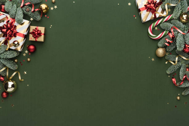 istock Green Background with Christmas Frame and Ornaments 2185593513