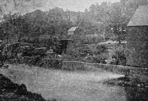 istock Antique image of Worcester and surroundings, Massachusetts: Riverbank under Rollstone Hill 2185595910