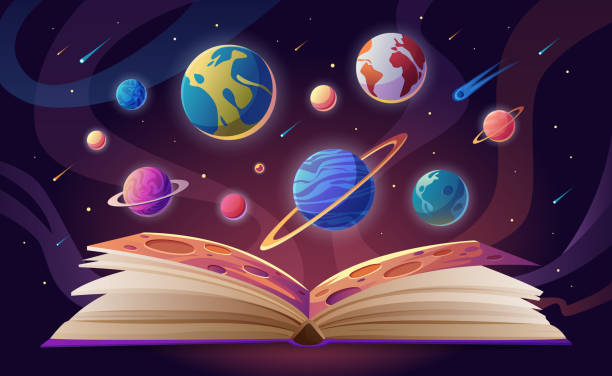 istock Open book with fantasy space adventure and planet of Solar system, travel to universe 2185597071