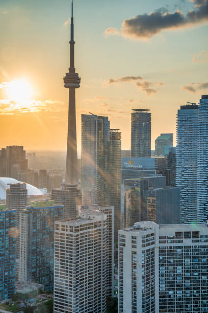 istock Helicopter Perspective. Toronto Skyline Bathed in Sunset Glow 2185599986