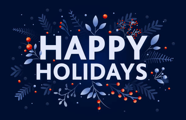 Happy Holidays Greeting card design template with hand drawn branches and florals Vector illustration of a Happy Holidays Greeting card design template with hand drawn branches and florals. Invitation card design with blue and red branches and berries on a dark blue background. Easy to customize. Download includes eps 10 and high resolution jpg. happy holidays stock illustrations
