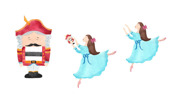 istock Christmas Nutcracker and dancing ballerina in pointe shoes For New Year decoration, Christmas toy, baby design, greeting card Watercolor illustration of winter fairy tale characters Girl in blue dress 2185601986