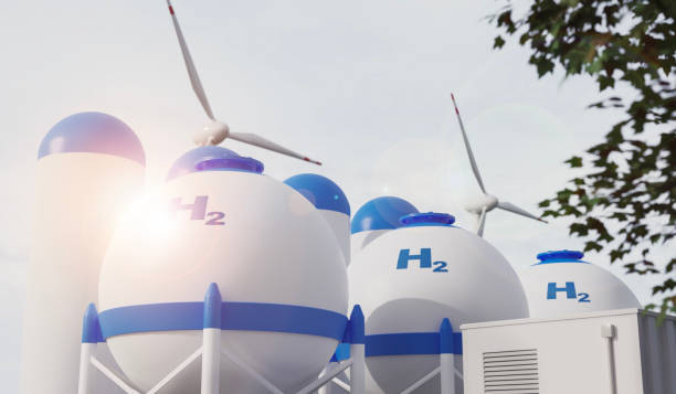 istock hydrogen fuel gas tank with blue sky on background, renewable energy technology. 3d illustration. 2185602364