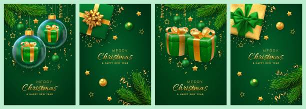 istock Christmas card set. Realistic green gift box with golden bow, pine branches, gold stars and glitter confetti, balls bauble. Xmas and New Year background, banner, cover, poster, greeting cards. Vector. 2185602443