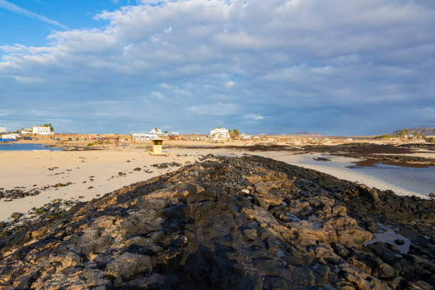 Cotillo beach and volcanic rocks during sunset. Fuerteventura North western part.Amazing intertidal sand formations.