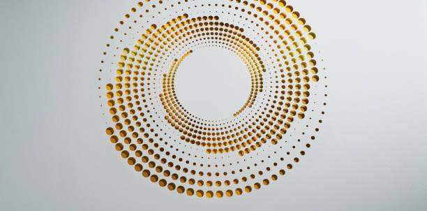 Minimalist circular paper cut artwork with layered dot patterns and glowing yellow accents on white background