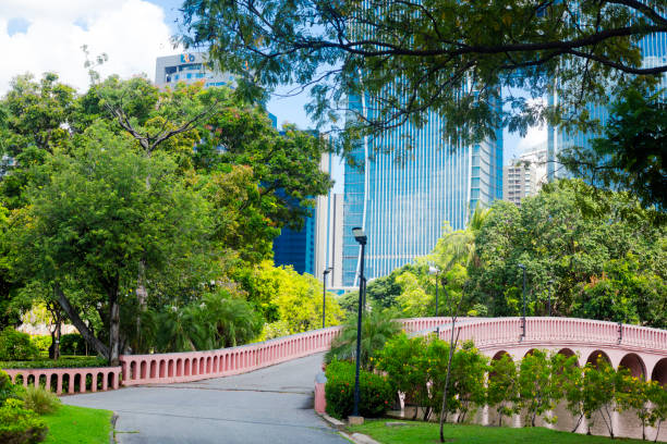 Bridge in Cahtuchak Park and modern office buildings outside and behind at Phahonyothjin Road in Bangkok Chatuchak