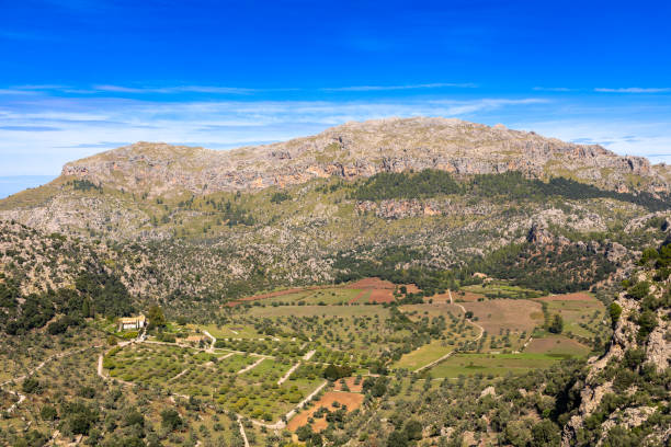 View of Tramuntana mountains from sanctuary Lluc, Island of Mallorca, Spain