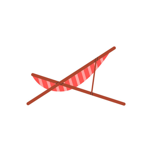 Wooden deck chair with red and white striped fabric vector icon, beach chaise longue for summer relaxing and sunbathing Wooden deck chair with red and white striped fabric. Beach chaise longue icon isolated on white background. Beach chair for summer relaxing and sunbathing vector flat illustration red beach chairs stock illustrations
