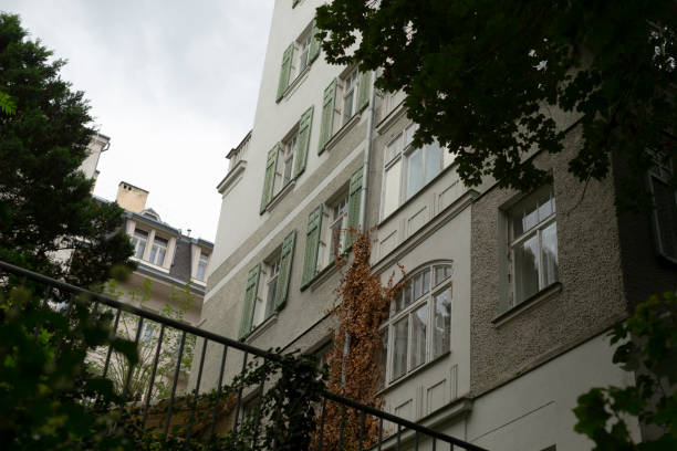 A beautifully designed urban building with decorative green shutters and lush ivy climbing up its walls, set against a serene backdrop of a cloudy sky within a charming city environment