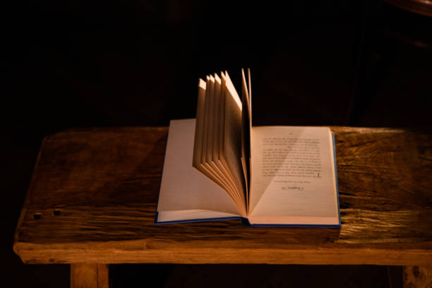 Pages of an open book with sunlight effect on a wooden bench with a dark background