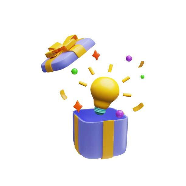 istock 3d yellow light bulb with colorful confetti jumps out of a gift box. 2185616256