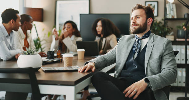 istock Meeting, thinking and business man with vision, idea and professional insight with risk management team. Planning, inspiration and reflection of decision in office, brainstorming or problem solving 2185617715