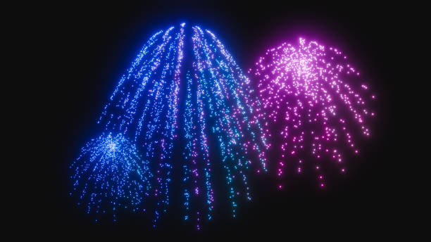 Illustration of three colorful fireworks exploding in a dark night sky. The image captures the beauty and energy of a celebration, perfect for projects related to parties, events and celebrations.