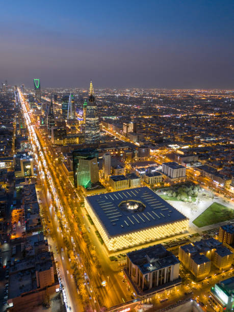 istock King Fahad National Library. Riyadh. Drone shot flying. Evening. 2185622289