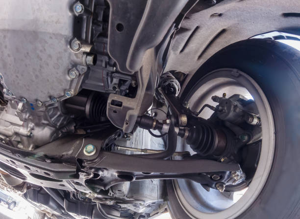 istock View of car suspension system and various chassis components. Mechanical Services. Brakes Inspection and tire inspection. Mechanical repair, safety inspection, used vehicle appraisal. 2185622614