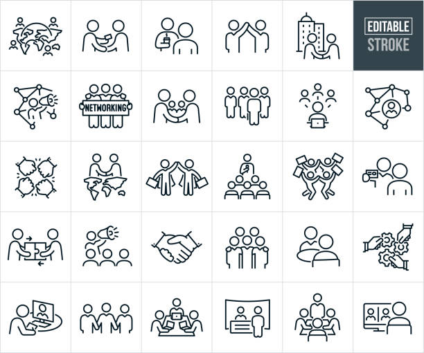 Business Networking Thin Line Icons - Editable Stroke - Icons Include Business People Networking, Business People Forming Partnerships, Business Teamwork, Business Teams, Business Deals A set of business networking icons that include editable strokes or outlines using the EPS vector file. The icons include business people from around the world networking with one another, business person networking with others by giving out his business card, person talking with another person during networking event, two business people forming a partnership through networking, two business people shaking hands over a partnershipe to work together, businessman networking by shouting through a bullhorn, group of business people holding up a sign reading "Networking," business person using social media to network, business people doing a fist bump, two business people shaking hands from one continent to another, two business people wearing capes teaming up to form a partnership, business person networking by putting on a conference, two business people networking by having lunch together, business person attending a tradeshow or job fair to network with othres and a person using video conference to network with others. visitor management icon stock illustrations