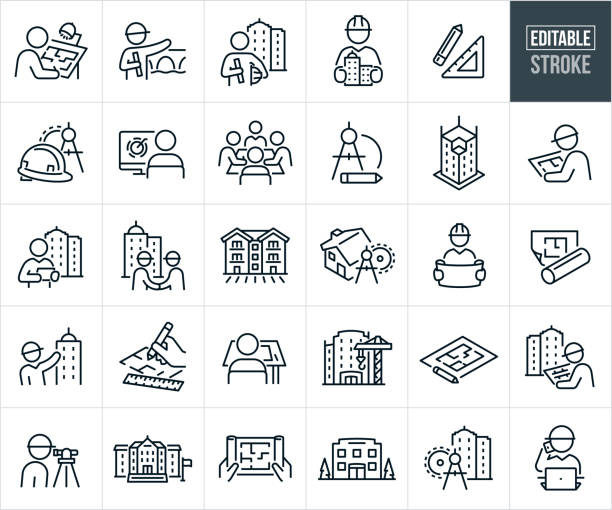 Architecture Thin Line Icons - Editable Stroke - Icons Include Architects, Building Construction, Blueprints, Engineers, Engineering, Architecture, Drawing Compass, Built Structures, Buildings A set of architecture icons that include editable strokes or outlines using the EPS vector file. The icons include an architect standing in front of a high rise building holding blueprints and a hard hat, architect overseeing the construction of a bridge, architect holding business building models in hands, ruler and pencil, architecture tools, hard hat, drawing compass, architect at computer working on building design, group of architects sitting at a table working, high rise building under construction, architect reviewing blue print plans, architect at drawing table working on a building project, two engineers shaking hands while standing outside business buildings, townhomes, house, blueprints, business buildings under construction, floor-plans to a building, architect using AI, school building, hospital and other architecture related icons. builder compass stock illustrations